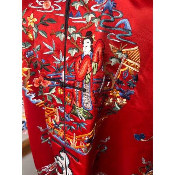 Vintage Chinese Silk Embroidered Robe Women Red Good Chinoiserie Duster Coat - Picture 11 of 14